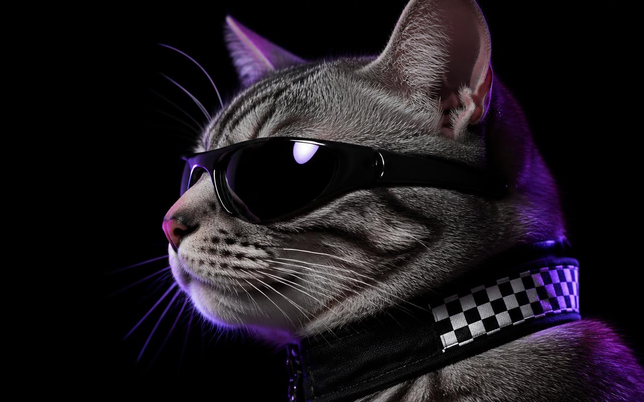Close-up of HUSS in black sunglasses under purple light
