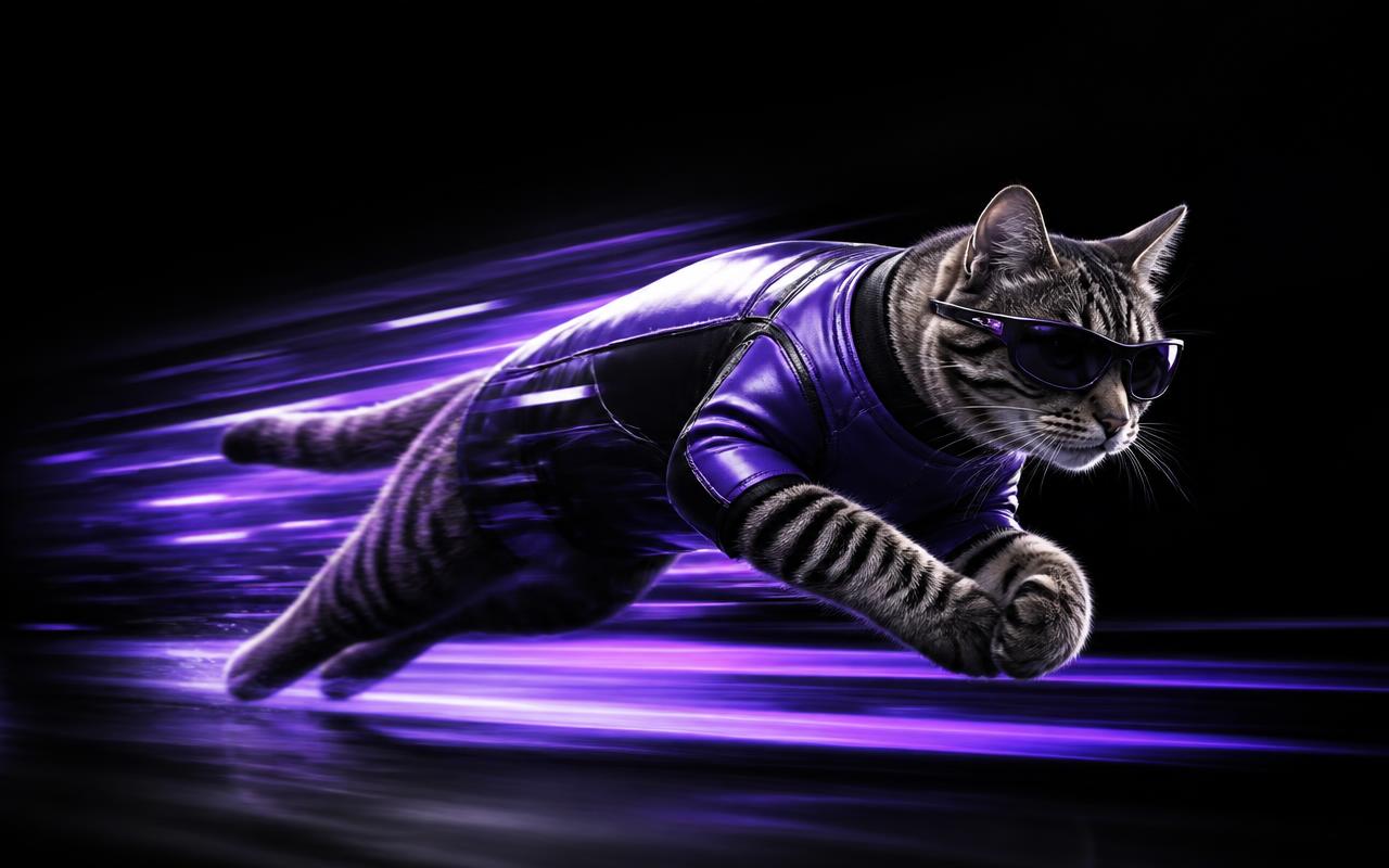 HUSS in a purple racing suit sprinting through violet light trails