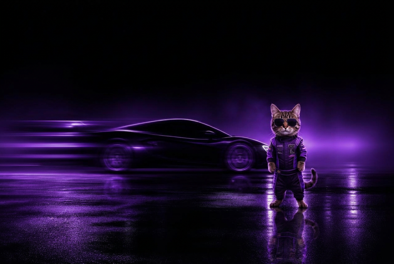 HUSS in a racing suit standing beside a blacked-out hypercar on wet purple-lit asphalt